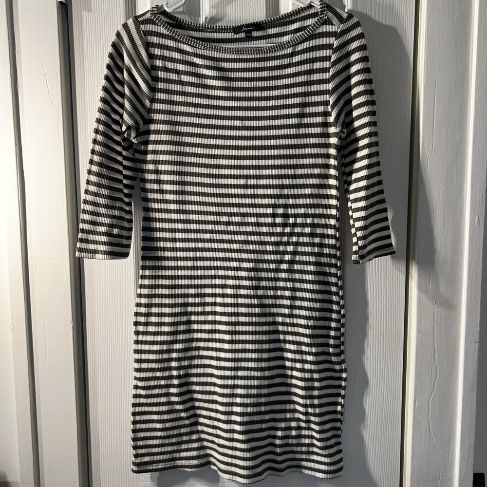 Soprano Striped Rib Knit Bodycon Dress Size L Olive Green White Boat Neck Casual